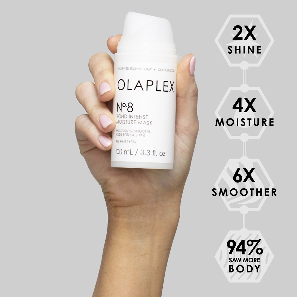 olaplex's tweet photo. The proof is in the pump! ✨ Not only does N°.8 contain @olaplex patented bond building technology, it’s airless pump helps get the most of your mask! 1 pump for fine or short hair. 2 pumps medium or shoulder length hair. 3 pumps thick or long hair. All Hair Types. All Textures. https://t.co/T8OP50md2A