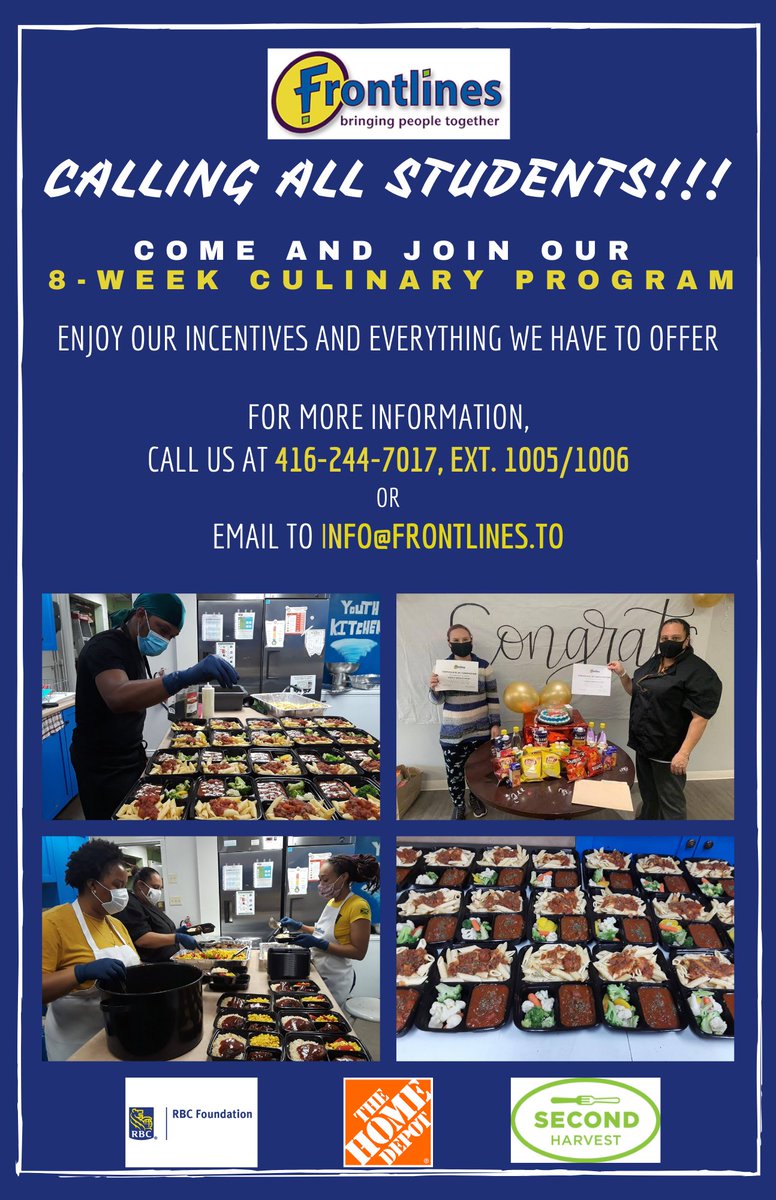 frontlinesto's tweet photo. Want to learn how to cook? Frontlines is looking for youth 18 to 29 to join our free 8 week Culinary Program .👨🏽🍳 To register please visit https://t.co/jKrX4YgmCL to sign up🍝 #torontoYouth #WestonFrontlines #torontocooks #torontofoods #CulinaryProgram #Community #LifeSkill https://t.co/6Qg5cSaofk