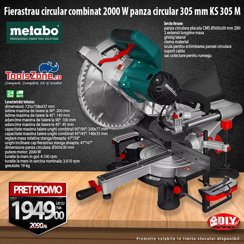 ToolsZone's tweet image. Fierastrau circular combinat 2000 W panza circular 305 mm KS 305 M METABO -1949 lei cu TVA
Promotie valabila in limita stocului disponibil
toolszone.ro/fierastrau-cir…
#toolszone #promotietoolszone #sculeprofesionale