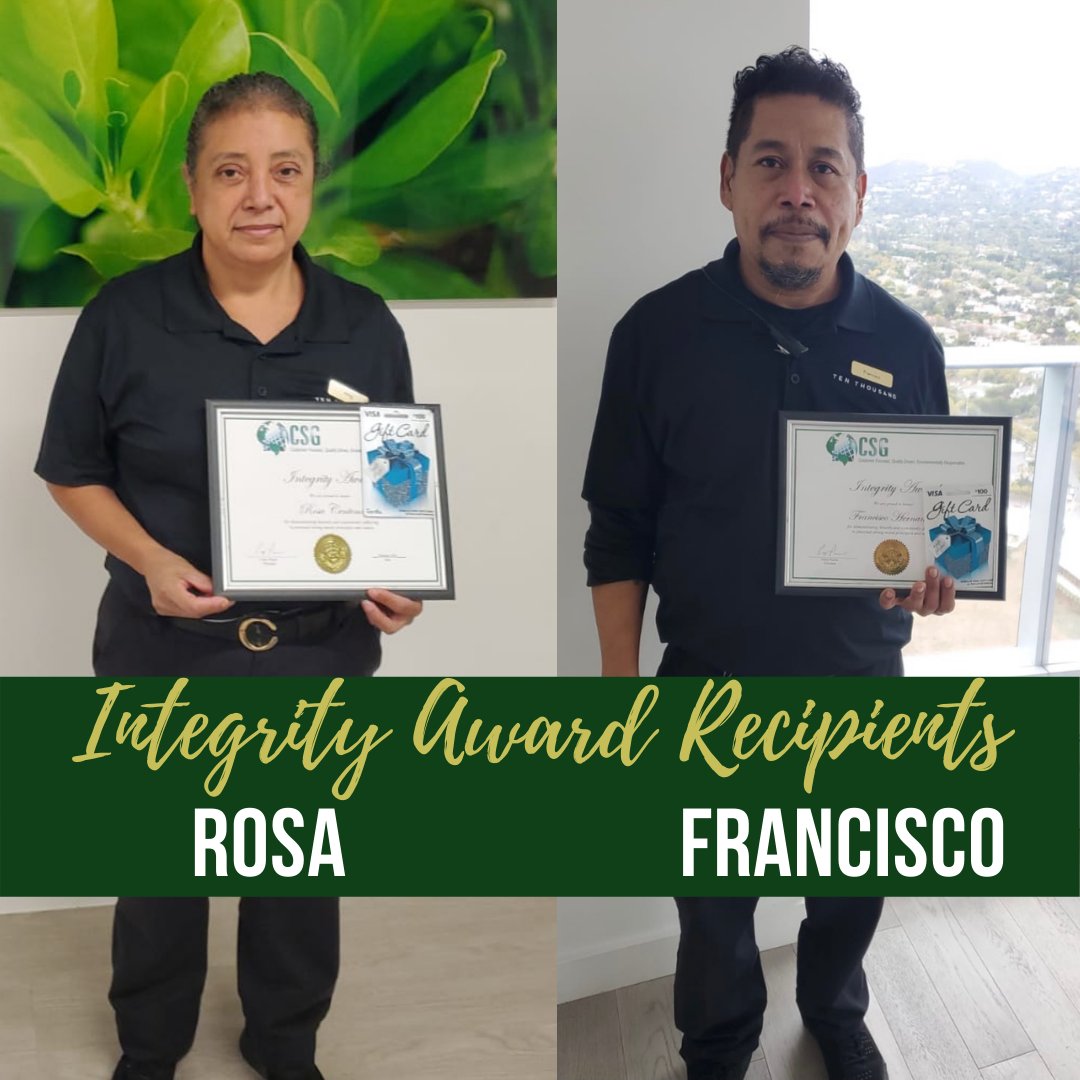 CSGCARES's tweet photo. 🌎 CSG's onsite team members are the hardest-working and most honest people we know. Congratulations to Rosa and Francisco for being the first recipients of the Integrity Award!
#csgcares #integrity #honesty #janitorialservice #contractcleaning #windowwashing #springcleaning https://t.co/oMSZkT3ER1