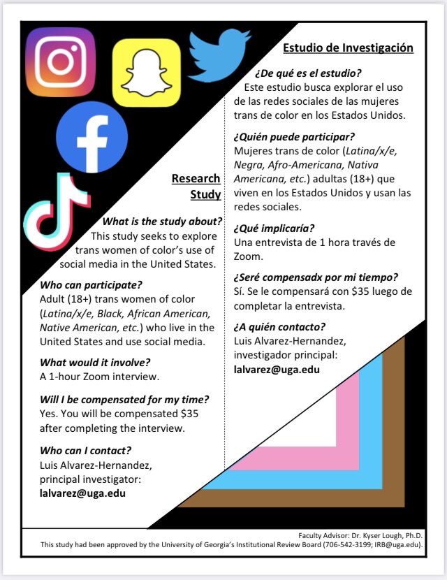 Hi all! We have opened our social media study with trans women of color to the entire United States! 🏳️‍⚧️ Participants will receive a $35 incentive. Please share with others and DM me if you have any questions.
#TransHealth #TransResearch #SocialMedia #LGBTQResearch #BIPOCResearch