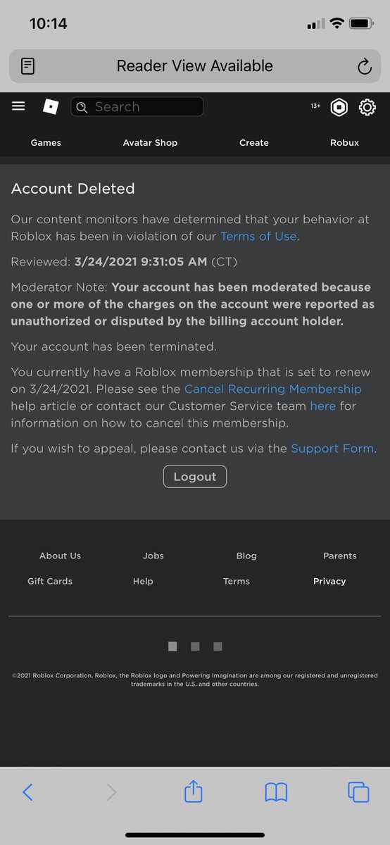 Dani S Tweet Repost So I Recently Got Falsely Terminated For Unauthorized Charges When I Didn T Do Anything Wrong I Always Used Gift Cards This Was So Unexpected And It - roblox account terminated 2021