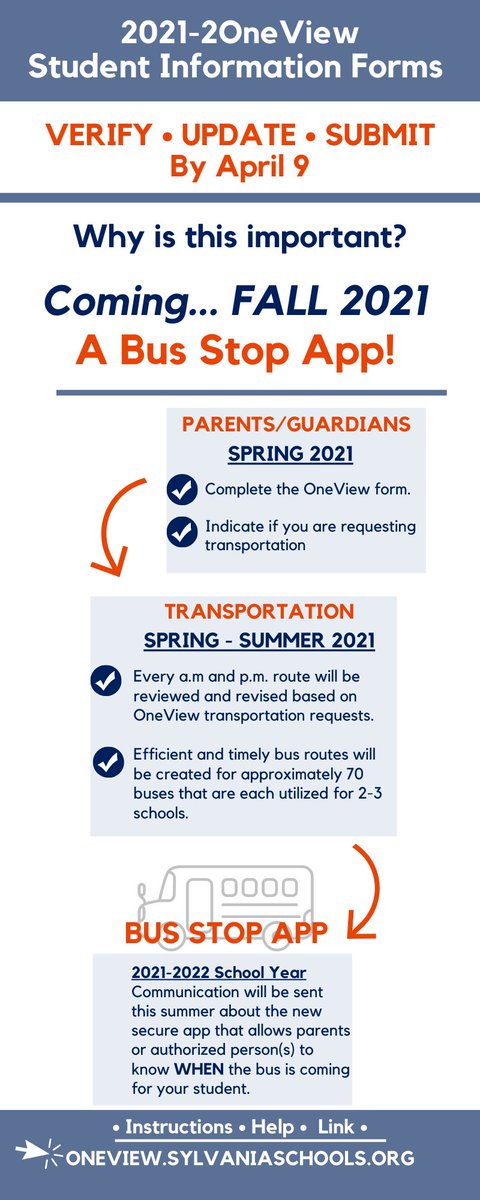 2021-2022 OneViewStudent Information Form oneview.sylvaniaschools.org. ☑ This form needs to be completed for all current K-11 students by Friday, April 9. ☑ A new bus stop app is coming this fall! Transportation builds routes based on transportation requests from OneView.