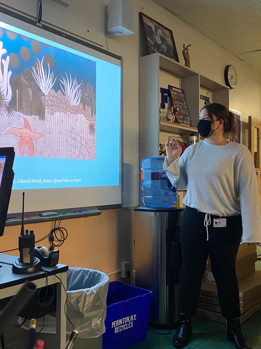 MSTatRIT's tweet photo. Students at Fairport’s Minerva Deland school created Beyond The Border acrylic paintings with Miss. I! Students looked at work by the Swiss based artist duo NEVERCREW. Way to go!! 🐋🖌👩‍🎨🎨 https://t.co/rXG9IiGcVk