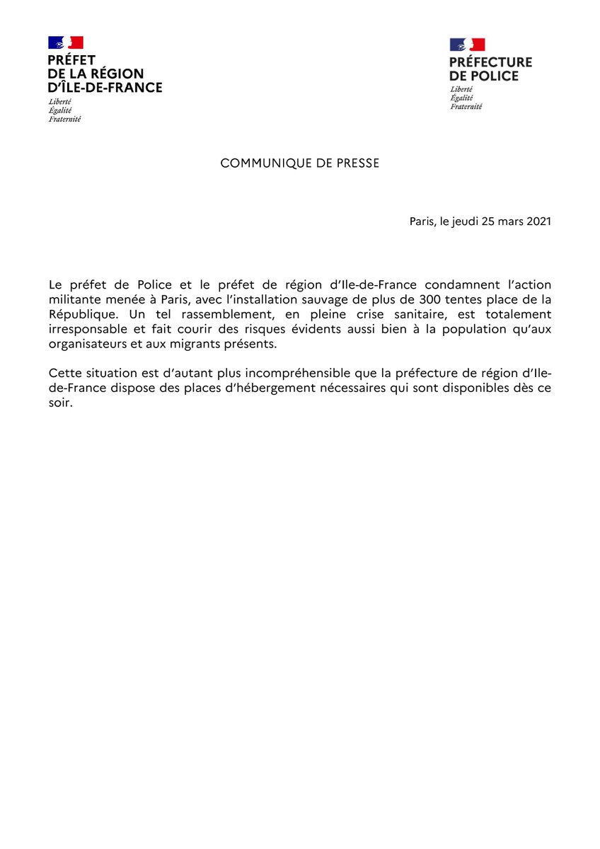 prefpolice's tweet photo. Installation sauvage de plus de 300 tentes place de la #République.
Consultez le communiqué de presse de la @prefpolice et de @Prefet75_IDF. https://t.co/vybP6YKeiE