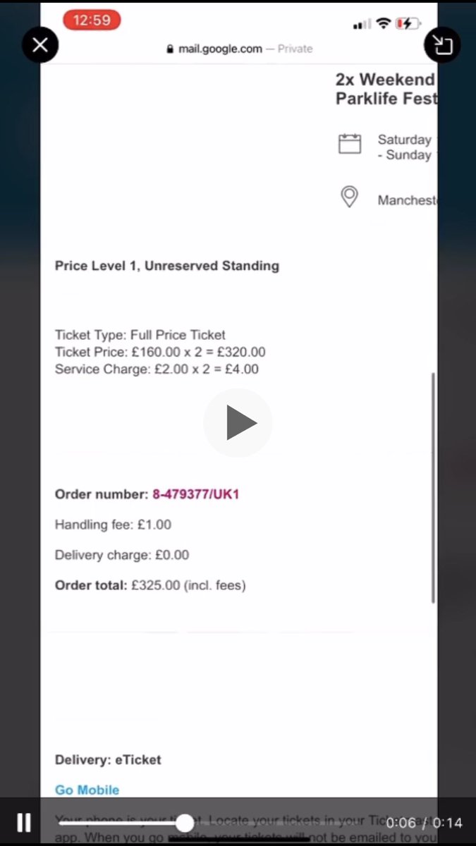 BenMcManus6's tweet photo. So this fiend @elizabeth7xr_ thinks its okay to scam people fake parklife tickets. Shes scammed my sister and blocked her and still tweeting that she has tickets to sell. Proper Ian Beale behaviour. @Parklifefest any chance of that order number reference to be voided? https://t.co/3AYqyeqLM5