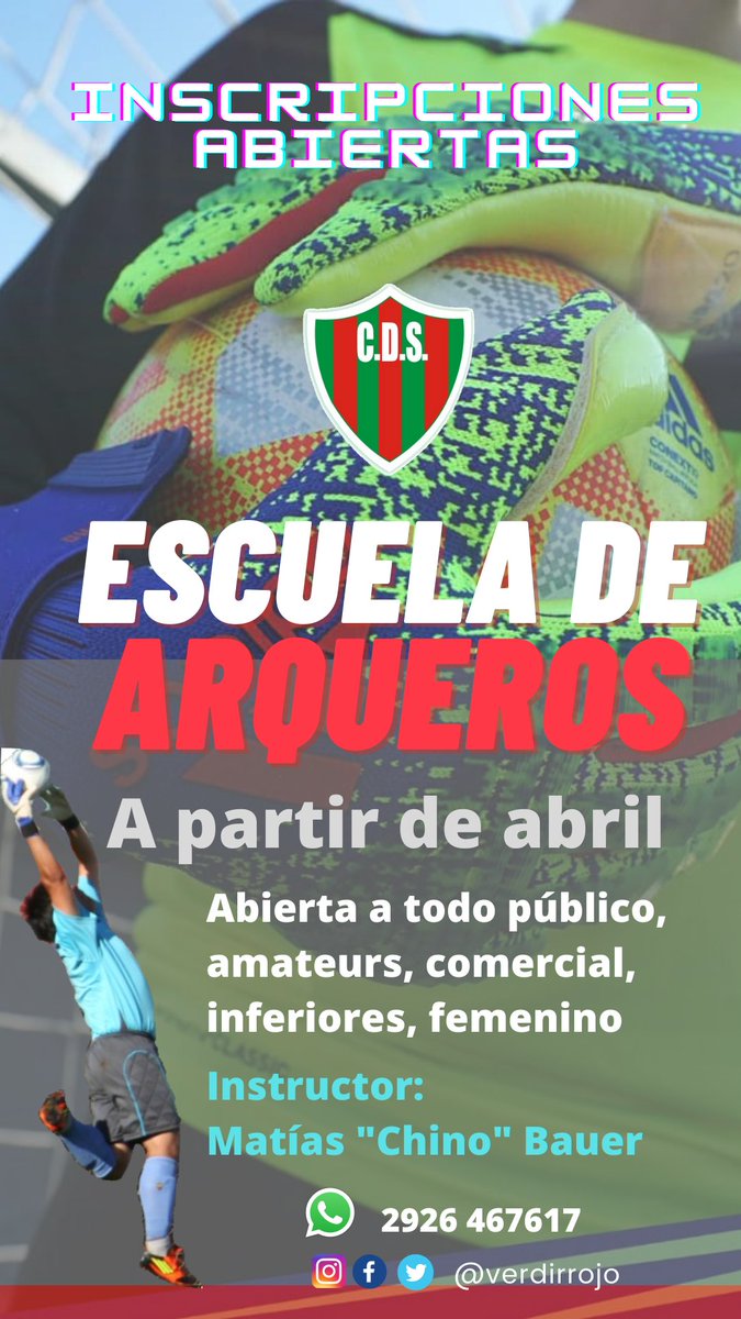 verdirrojo's tweet photo. ⚽ Escuela de Arqueros

A partir de abril comienza la escuela de arqueros en el club, a cargo de Mati "Chino" Bauer para todo público, fútbol amateur, comerciales, damas, inferiores... comunicate por + info.

Inscripciones abiertas, te esperamos!! 💚❤️ https://t.co/h4NPEkjxc7