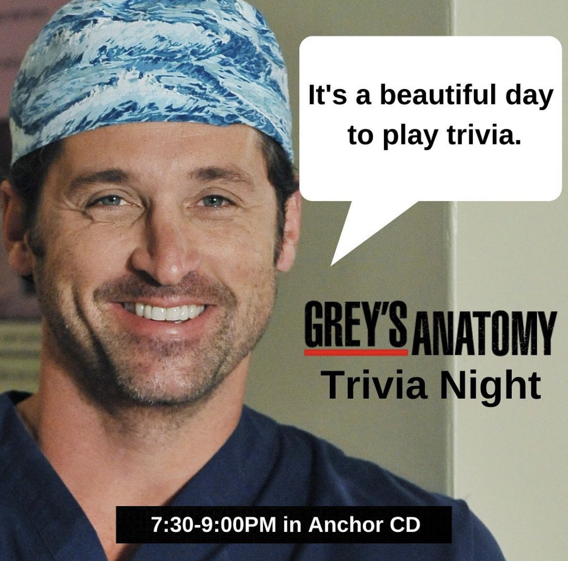 TAMUCC_UC's tweet photo. Scrub in students, tonight’s the night! 👩‍⚕️👨‍⚕️

Join us in Anchor Ballroom CD from 7:30-9:00PM for Grey’s Anatomy Trivia, where you’ll have a chance to flex your knowledge! 

There will be pizza, drinks, and snack boxes, plus the top three players of each round will win GA merch! https://t.co/hbsYq8zfOV