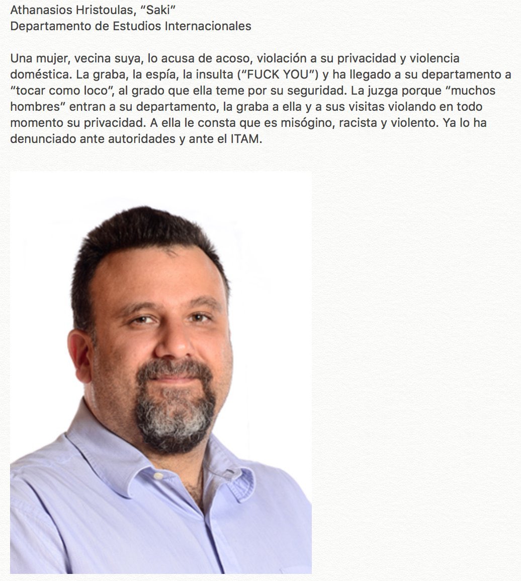 denunciaitam's tweet photo. “Una mujer, vecina suya, lo acusa de acoso, violación a su privacidad y violencia doméstica. La graba, la espía, la insulta (“FUCK YOU”) y ha llegado a su departamento a “tocar como loco”, al grado que ella teme por su seguridad.” 1/2
#MeTooITAM https://t.co/MxEkGPNl25
