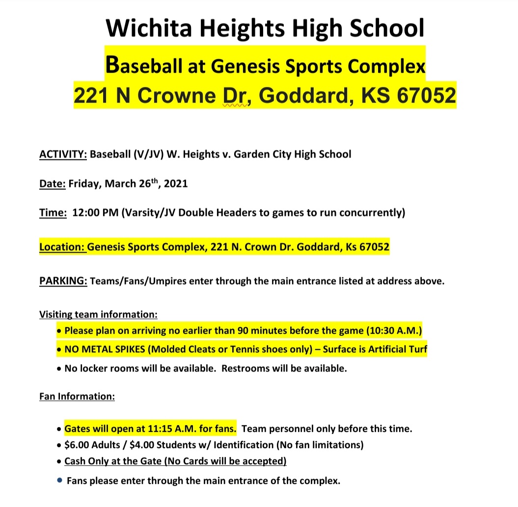 WHtsAthletics's tweet photo. @WHtsBaseball v. @BUFFSAthletics Game Location Change due to unplayable fields. Thanks Scott Martin & @GenesisSportsKS for allowing us to use your facilities. No metal spikes.
@WichitaUSD259 @WPSAthletics @drewthon @FalconFlip92 @schepisj #TurfBaseball https://t.co/Gmbn4NXshu