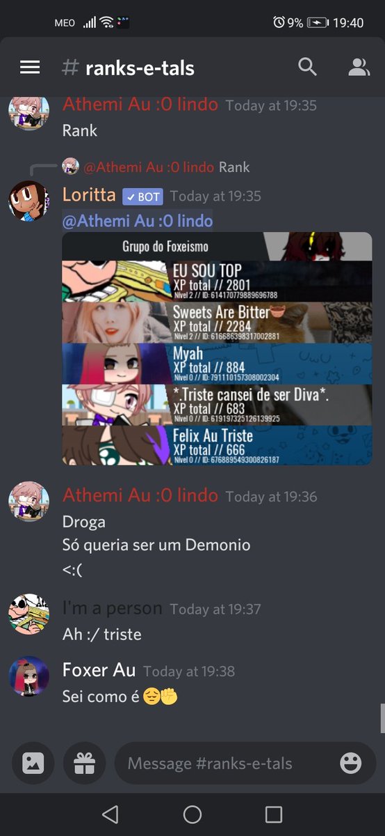 FoxXp12's tweet photo. QUE ULTRAJE!!!! MANO CANCELA O RANK DA LORI, NÃO DEIXOU O FOXER AU NEM O ATHEMI AU SEREM DEMÔNIOS, CANCELEM, CANCELEM, CANCELEM https://t.co/R8dJ4ZgTV9