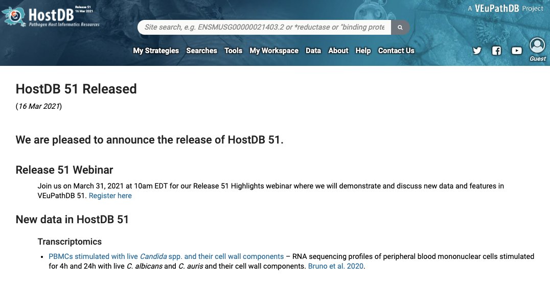 fungidb's tweet image. 👉  New data in #HostDB Release 51: Mine RNA sequencing profiles of PBMCs stimulated with #Candida albicans &amp;amp; #Candida auris live cells &amp;amp; their cell wall components: hostdb.org/news #Candida2021 @MariolinaBruno @Myco_nijmegen #fungi #fungalinfections @neil_gow