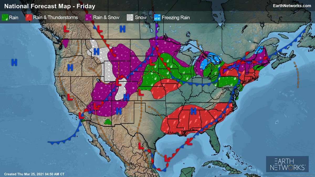 WeatherBug's tweet photo. #Friday is going to be another busy one across the U.S. as more spring storms, downpours and western mountain #sno hit different parts of the country. Here is the latest in our #FridayPreview: https://t.co/eGcBlfgaPN https://t.co/6ndSe5ec2f
