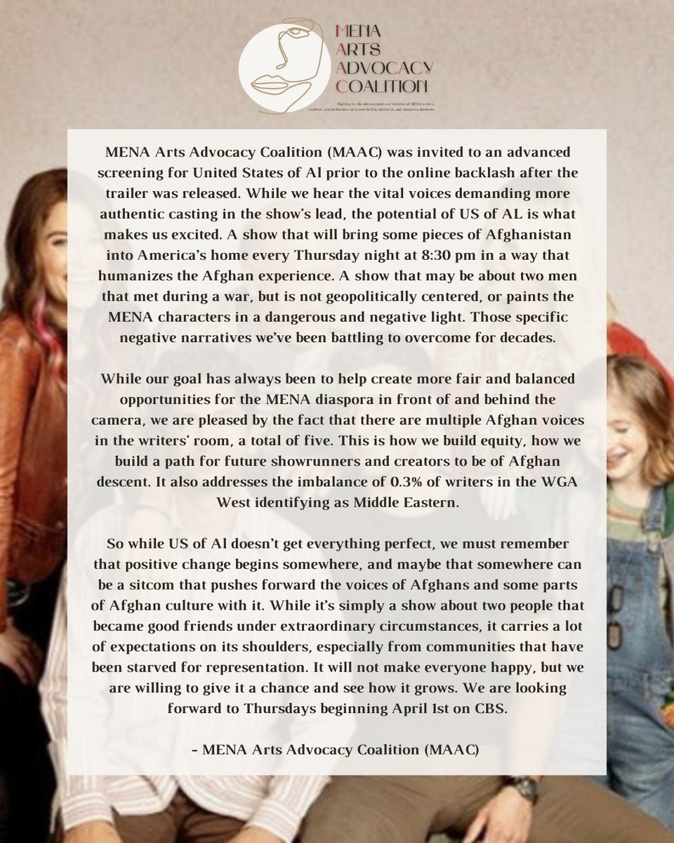 MenaAdvocacy's tweet photo. We attended a screening of @USofAlCBS, our statement below: 

While #USofAl doesn’t get everything perfect, we know positive change must begin somewhere &amp; maybe that somewhere can be a sitcom that helps us build equity &amp; shares Afghan culture in a positive light along the way⬇️ https://t.co/BbSrKeTILW