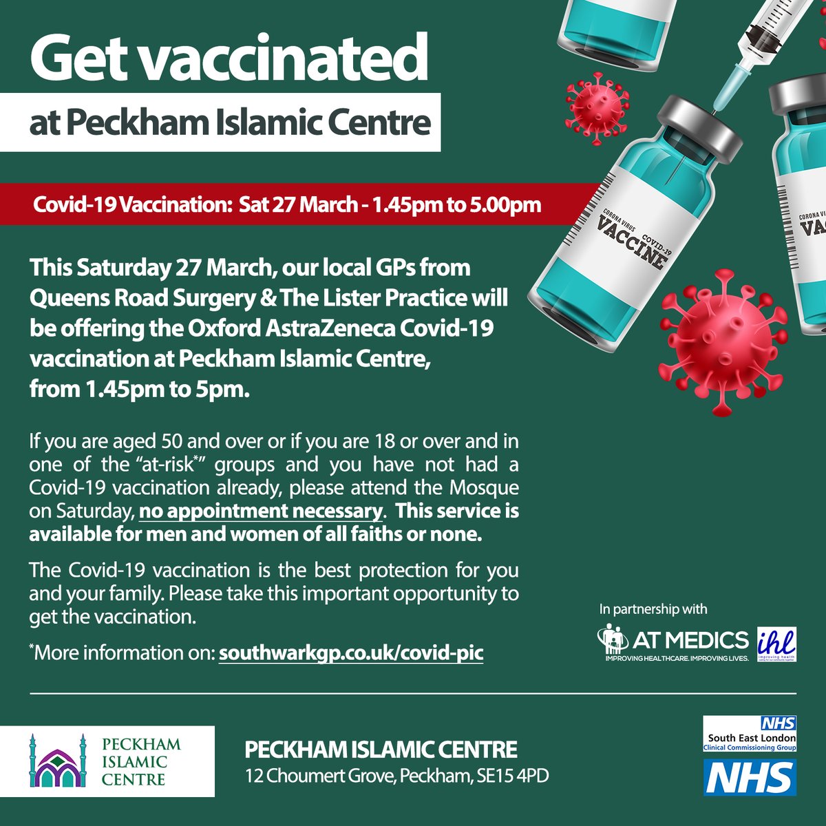 Have you heard that on Saturday 27 March local GPs will be offering the COVID-19 vaccine at the Peckham Islamic Centre?

If you're currently eligible to receive the vaccine, but haven't yet, do find out more here southwarkgp.co.uk/covid-pic and join us on Saturday