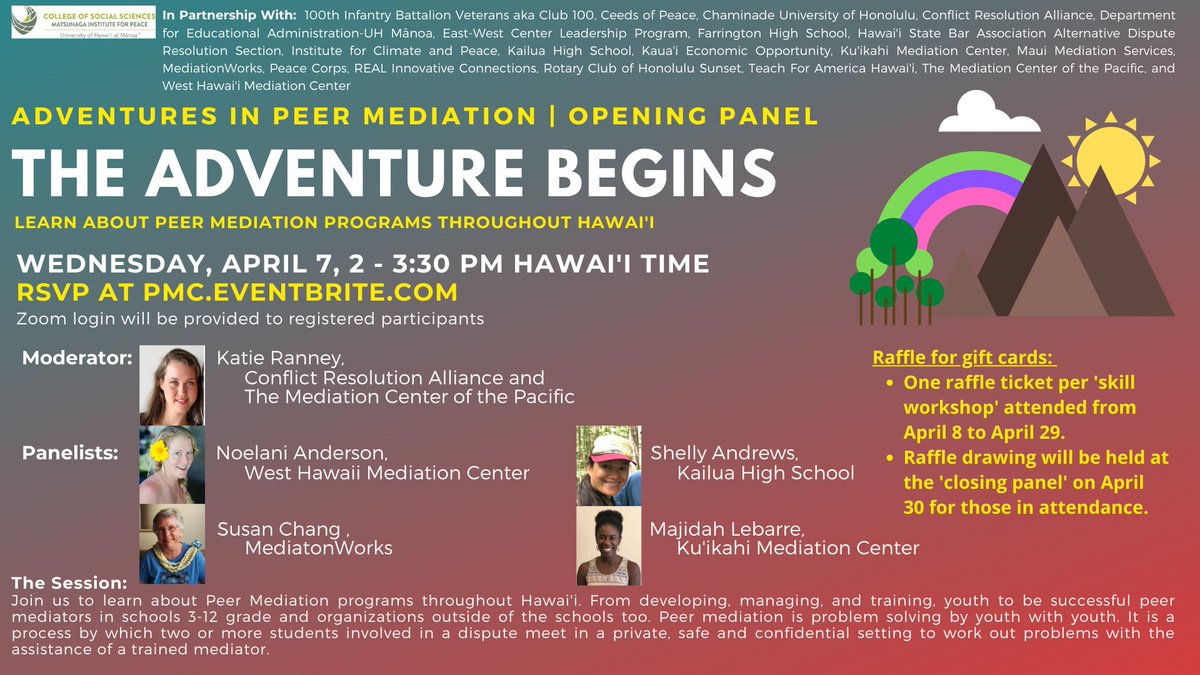 Come learn about Peer Mediation programs throughout Hawai’i in our opening panel “The Adventure Begins” on Wednesday, April 7. adventurebegins.eventbrite.com #AdventuresInPeerMediation