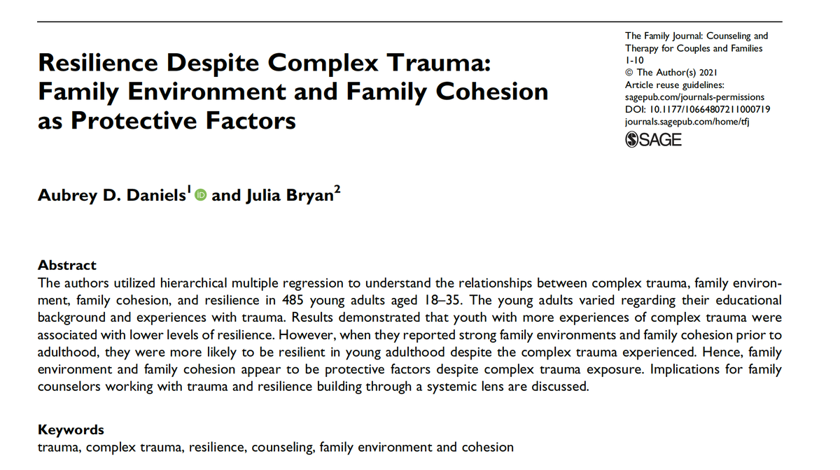 draubreydaniels's tweet photo. New Publication! π¨"Resilience Despite Complex Trauma: Family Environment and Family Cohesion as Protective Factors". Really happy with the way this turned out, and so happy to be in a family systems journal!
https://t.co/kxoh6zfAb4
#trauma #resilience #thefamilyjournal https://t.co/oEDaisJMub