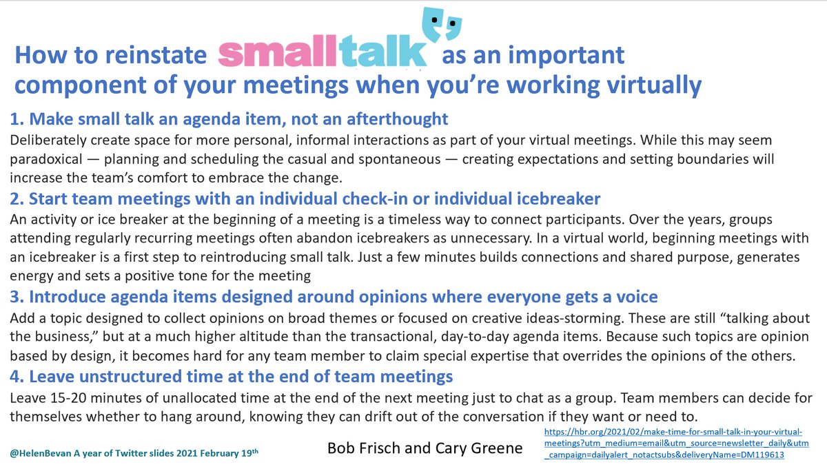 A5: We must find ways to reintroduce small talk into our virtual meetings. It's the most powerful means to reproduce the "gathering time" that was so important when we met face to face &amp; to overcome Zoom/Teams fatigue: hbr.org/2021/02/make-t… #BMJLeaderChat #CreatingTomorrowToday