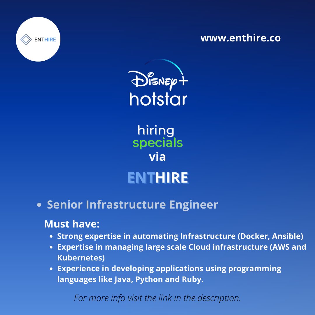 EnthireO's tweet photo. An Irresistible #Jobs Offer!
Hotstar is hiring a #SeniorInfrastructureEngineer.
If you want to tackle hard and interesting problems at scale and create an impact within an entrepreneurial environment, interview now via @EnthireO 
Link: https://t.co/BJVfnRqtHY

#EngineeringJobs https://t.co/xFzxnARe6K