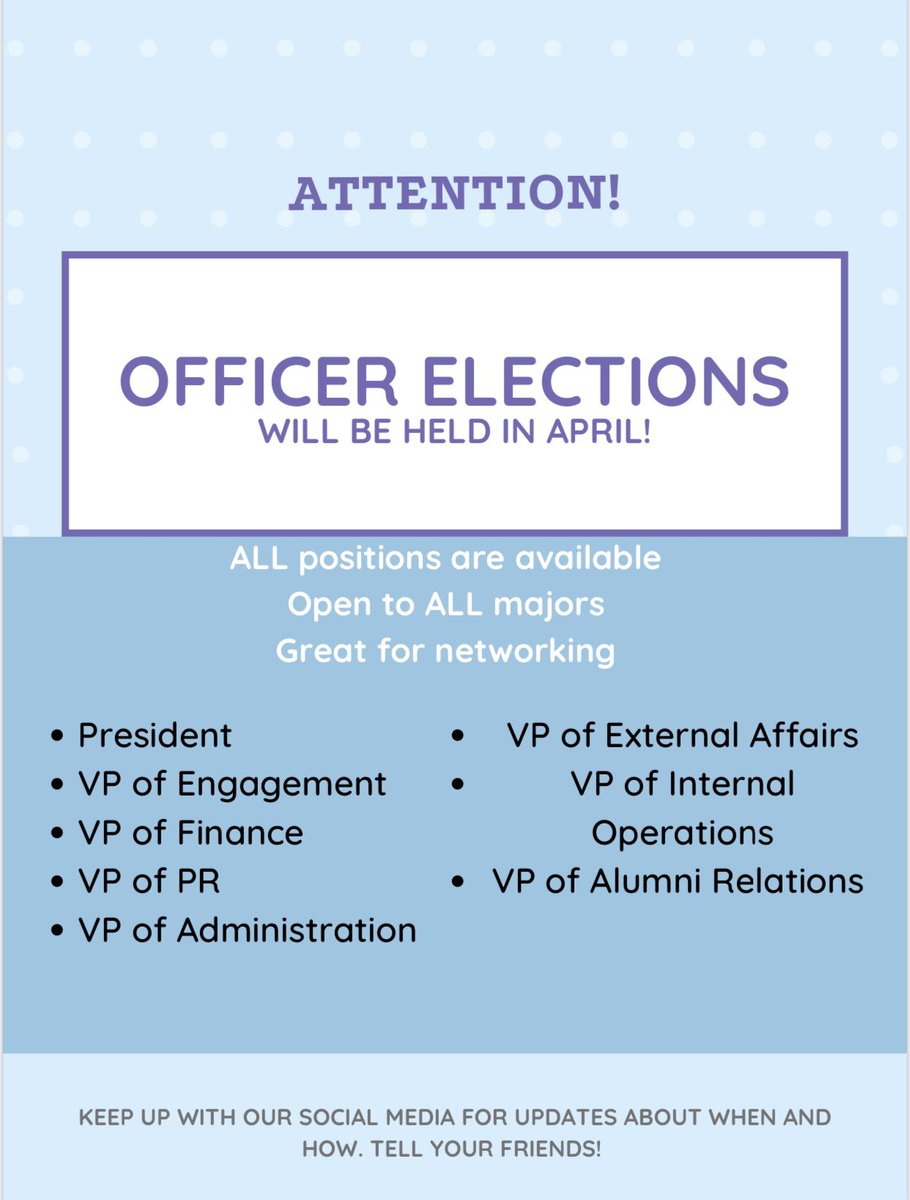 Keep an eye out for emails and updates regarding elections! 

If you or anyone you know may be interested, feel free to contact us here or on any other Tech SHRM account!