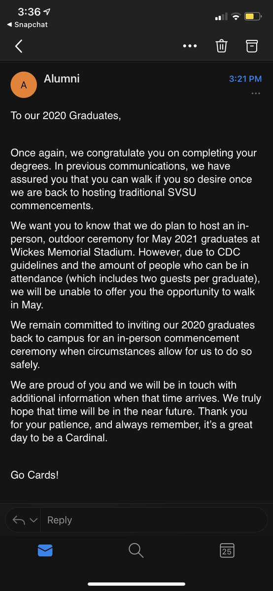 sydneymwalker's tweet photo. hey @SVSU i’ve been waiting for almost a year now to finally walk at my graduation ceremony along with the rest of my class. this email is a joke. this semester’s grads can safely have a small ceremony, but we still have nothing. figure it out. https://t.co/I616zn9FWN