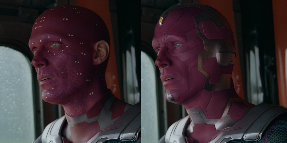 For shots of Vision prior to witnessing his super-dooper powers, 3 VFX studios (<a href="/lolavfx/">Lola Visual Effects</a>, <a href="/marzvfx/">Monsters Aliens Robots Zombies</a> &amp; <a href="/SSVFX/">SSVFX</a>) were principally responsible for turning Paul Bettany into a synthezoid. Oh, &amp; you also get to see how BABY VISION was made, omg. #wandavisionweek  beforesandafters.com/2021/03/26/wha…