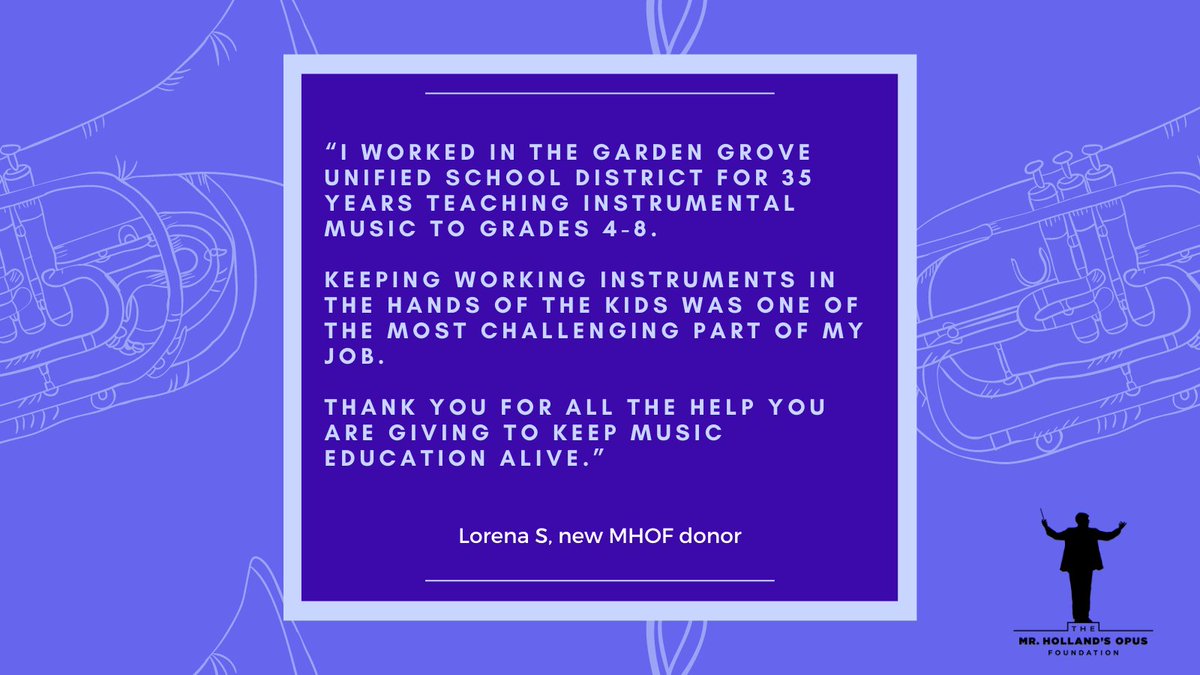 HollandsOpusFdn's tweet photo. Your support helps give teachers the resources and encouragement they need to do the very best they can for their kids. A special thanks to new donor Lorena! As a music educator, her support means the world to us. #musiced #musicteacher #mhopus https://t.co/NQScrK8p5j