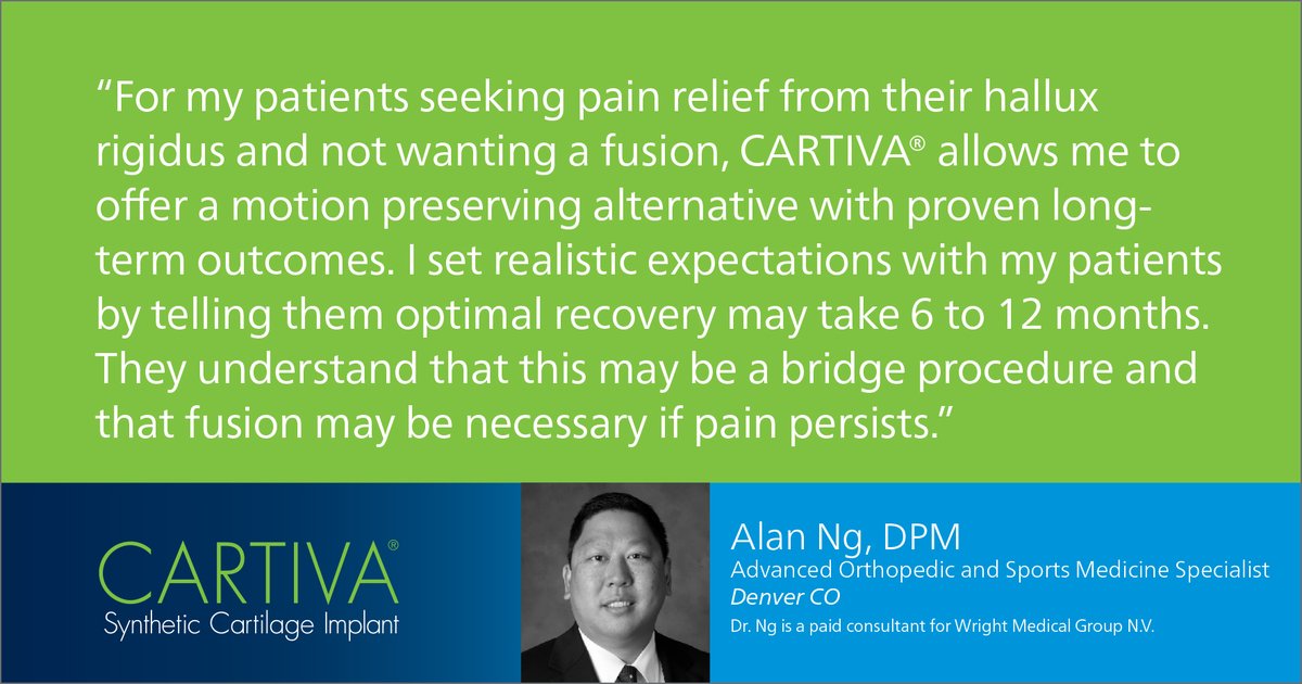 wrightmedical's tweet photo. Checkout Dr. Ng’s experience with using CARTIVA® SCI for treating hallux rigidus in his practice. To learn more, visit https://t.co/H1UxwLOKHI. 

Refer to prescribing information contained in the IFU - https://t.co/HyHfTT0ett. https://t.co/hhHgwx306b