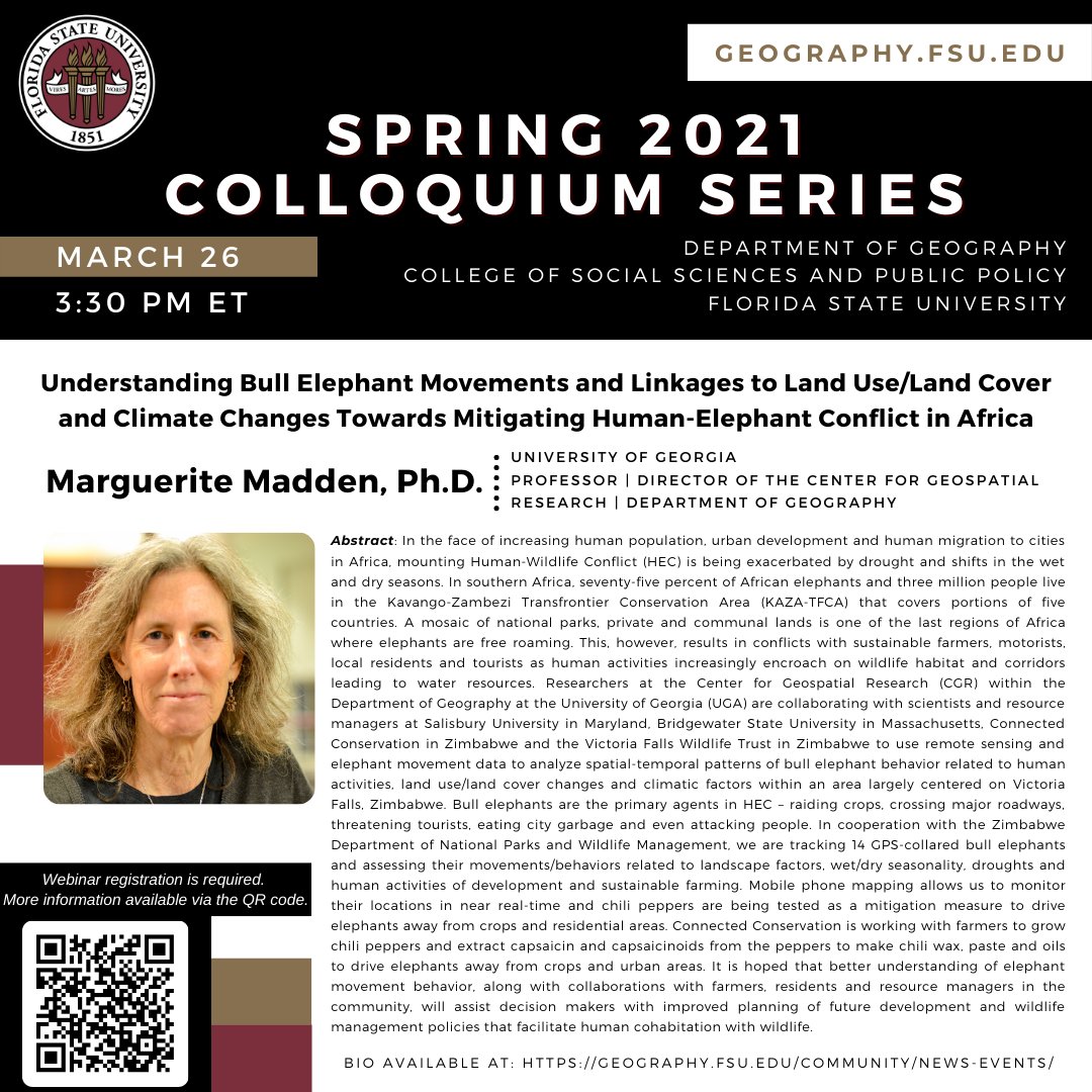 @FSU_Geography is honored to host Dr. Marguerite Madden of @GeographyUGA in our Spring Colloquium Series. Feel free to join us this afternoon at 3:30 PM ET. Scan the QR code below to register for her talk. More info available at geography.fsu.edu.