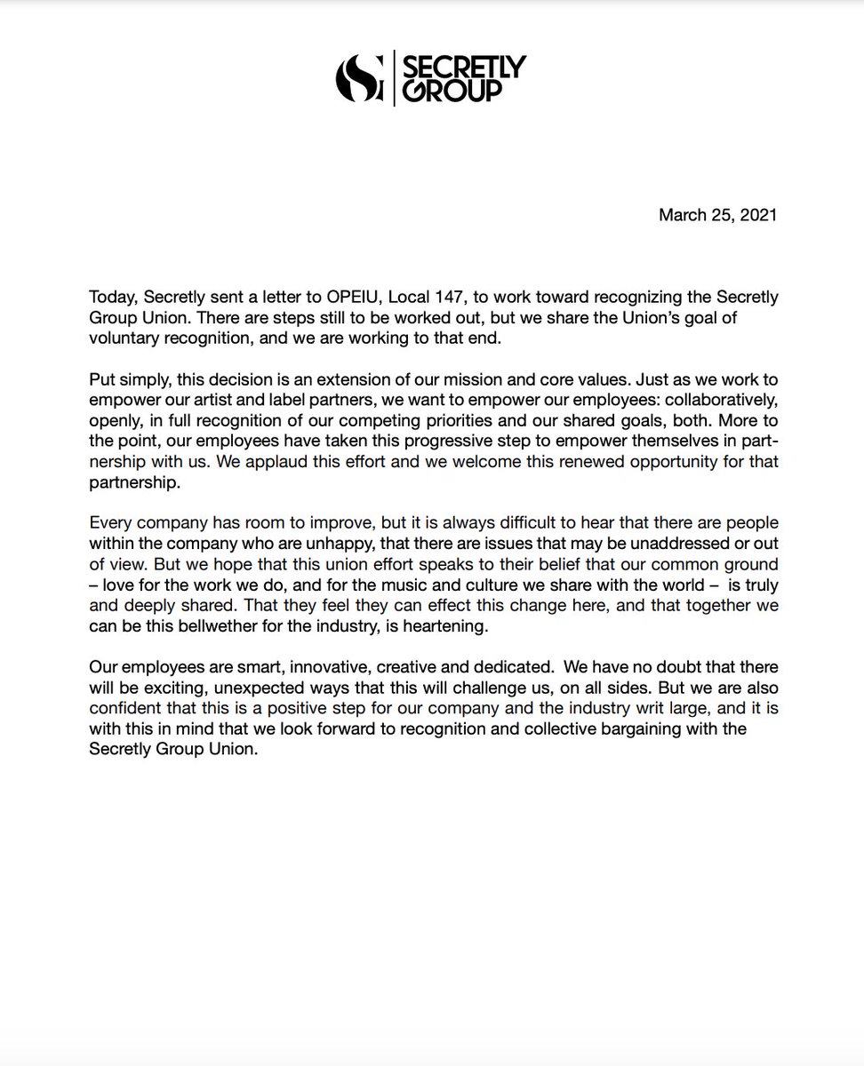 JAGJAGUWAR (@jagjaguwar) on Twitter photo From the Secretly family partners, recognizing <a href="/secretlyunion/">Secretly Group Union</a>.
Big love and congrats to Secretly Group Union and the Secretly family for this bold, important step — for this organization and hopefully for this industry.
Very proud moment. From the Secretly family partners, recognizing <a href="/secretlyunion/">Secretly Group Union</a>.
Big love and congrats to Secretly Group Union and the Secretly family for this bold, important step — for this organization and hopefully for this industry.
Very proud moment.