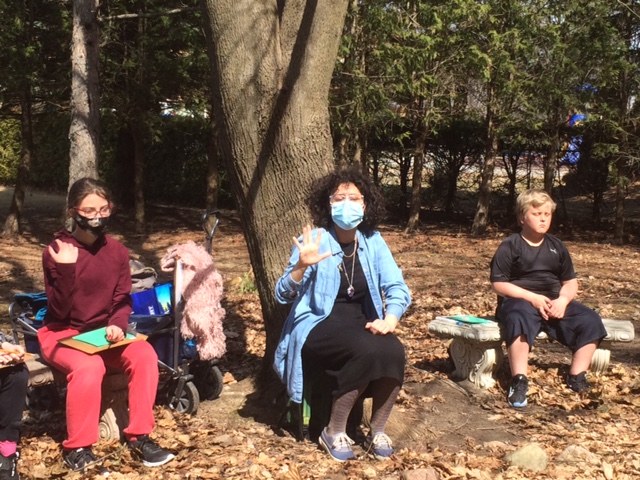 MsgrLeoCleary's tweet photo. Students in Ms. Almeida's Grade 5 class in the Peace Garden were observing nature using their five senses and practicing descriptive writing. They were inspired by a virtual Power Kid's webinar with Scientist Heather! #PVNCLEARNS https://t.co/DnAKvROWmS