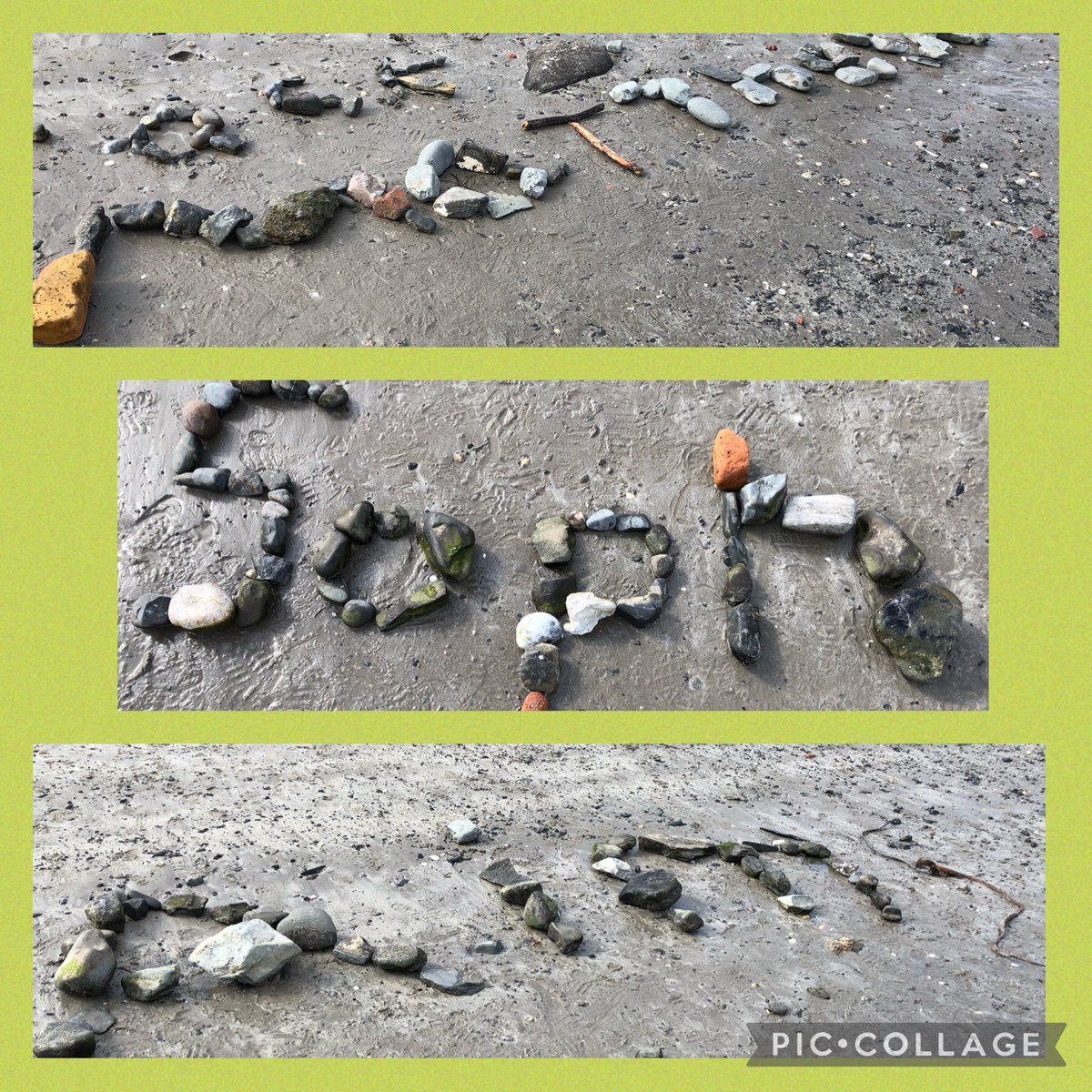 bps_p6's tweet photo. More ‘beach school’ art with P6. Can you work out the childrens’ names made without using their fingers or a stick but with beach junk. @BallywalterPS @beachschoolsuk #beachart #p6rocks https://t.co/jjbAFk84FD