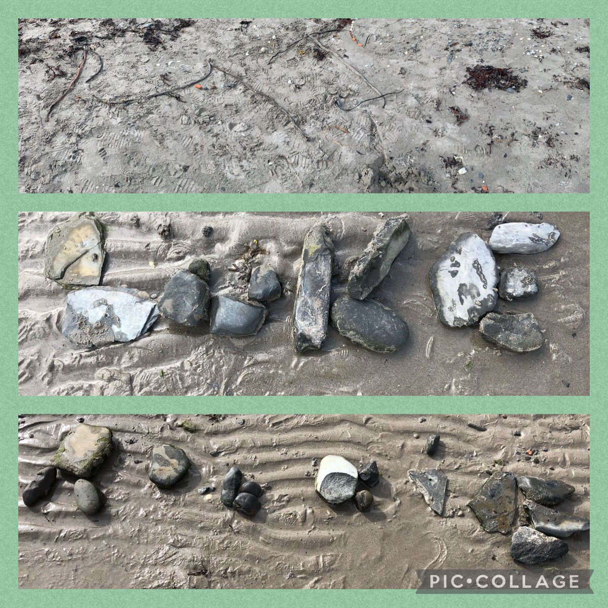 bps_p6's tweet photo. More ‘beach school’ art with P6. Can you work out the childrens’ names made without using their fingers or a stick but with beach junk. @BallywalterPS @beachschoolsuk #beachart #p6rocks https://t.co/jjbAFk84FD