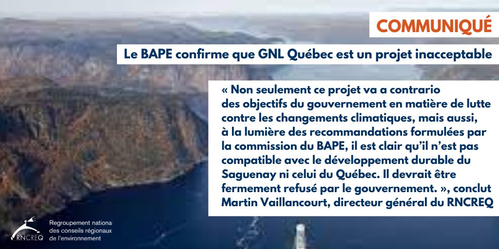 RNCREQ's tweet photo. 📢 📝 COMMUNIQUÉ : Le RNCREQ s’attend à ce que le gouvernement du Québec considère dans sa décision les conclusions du rapport du #BAPE qui reflète les préoccupations de la collectivité à l’égard de ce projet industriel.
#GNLQuébec #polqc
https://t.co/ar2MEitxej https://t.co/Fg4RSozafu