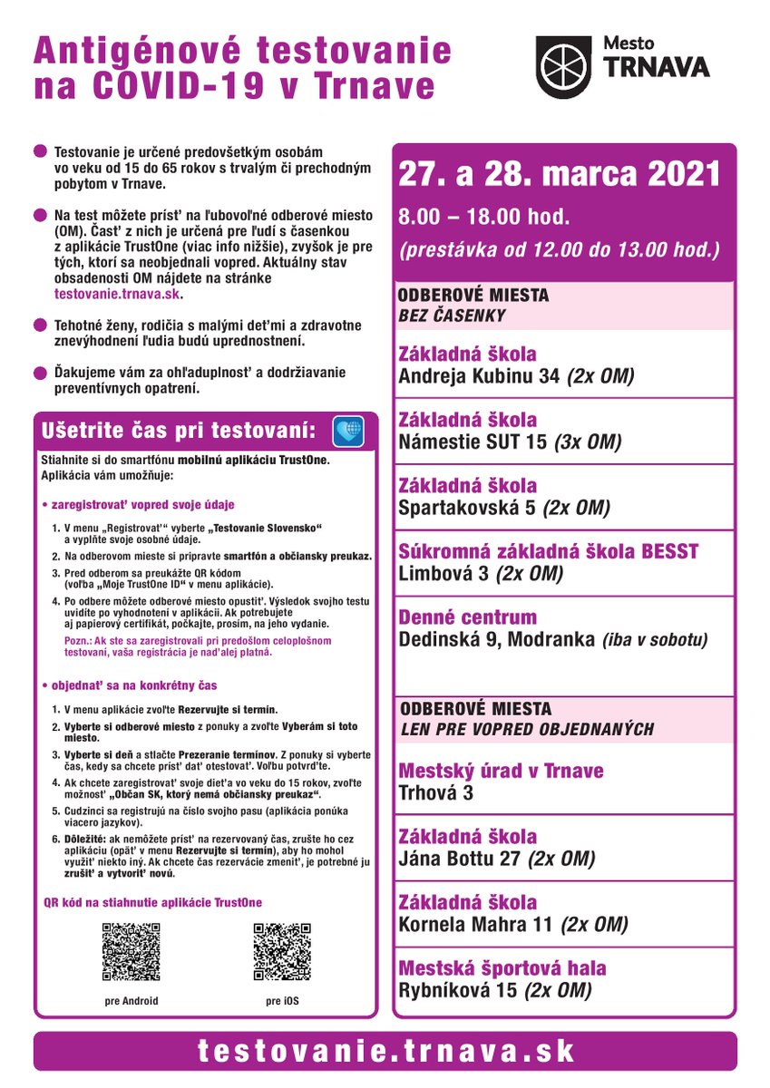 V Trnave testujeme aj počas posledného marcového víkendu bit.ly/3d53vAM | #trnava #antigenovetestovanie #koronavirus