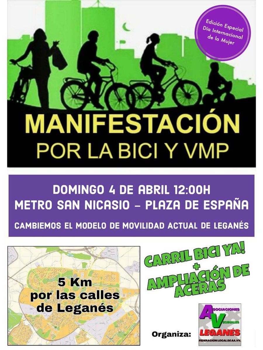 #Leganes
El primer domingo de abril celebramos la bicicletada que no nos permitieron celebrar en marzo.
Con las #CiclistasPepineras
Por carriles ciclistas seguros y por una ciudad sostenible

📌 Domingo 4 abril
🕣 12:00 h.
📌Desde Metro San Nicasio hasta Pza. España