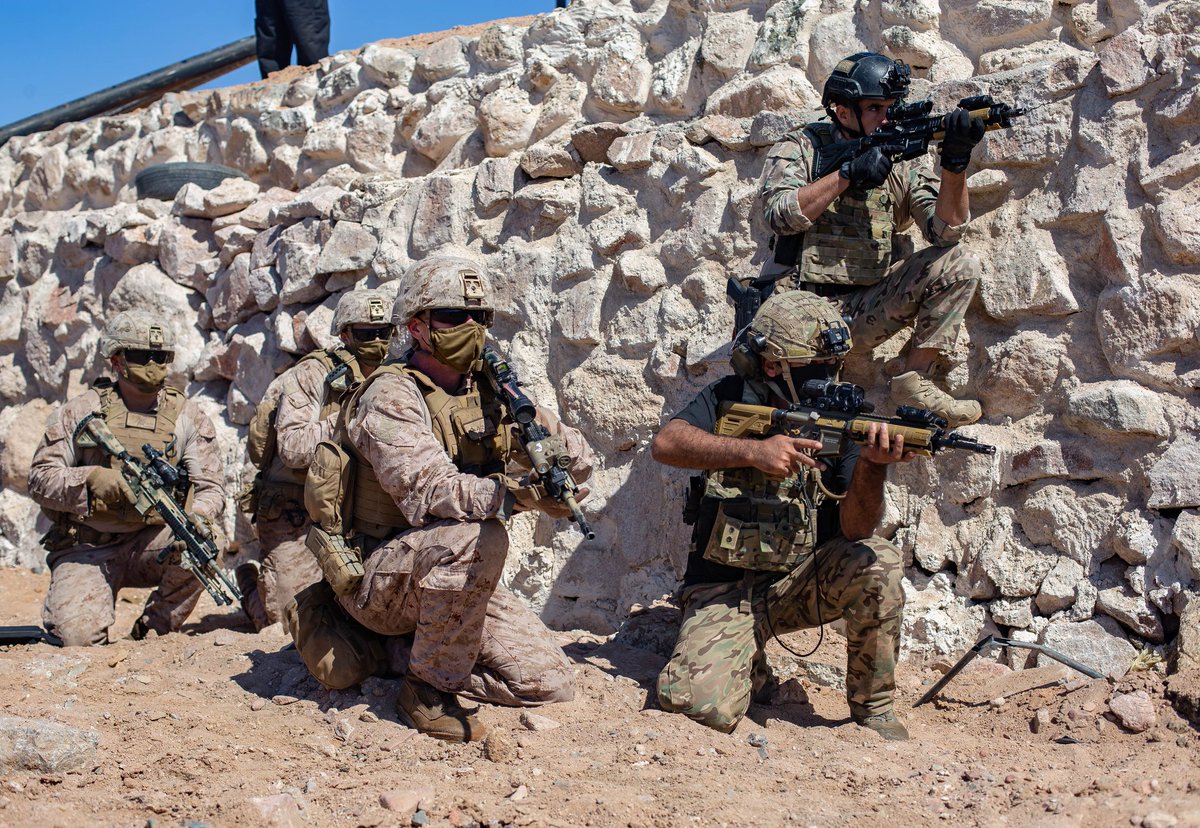 CENTCOM's tweet photo. U.S. #Marines with #SPMAGTFCRCC participate in a maritime interoperability exercise with Jordanian Armed Forces #Jordan @USMARCENT @ArmedForcesJO https://t.co/F1HMmFh8UK