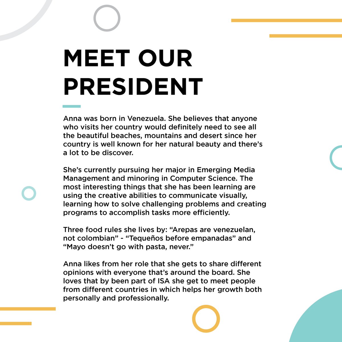 IsaUcf's tweet photo. Meet our officers, starting with our ISA President Anna! ✨

Swipe for fun facts about her ➡️

Feel free to say hi on the comments! 👋 And make sure to stay tuned for more info on our other officers! 🎉 https://t.co/w6TmsaRmIu
