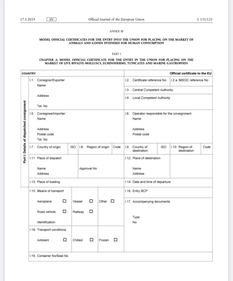 The  @EU_Commission points to another certificate in another Regulation: “A Model Official Certificate for the entry in the Union for placing on the market of live bivalve molluscs, echinoderms, tunicates and marine gastropods”.