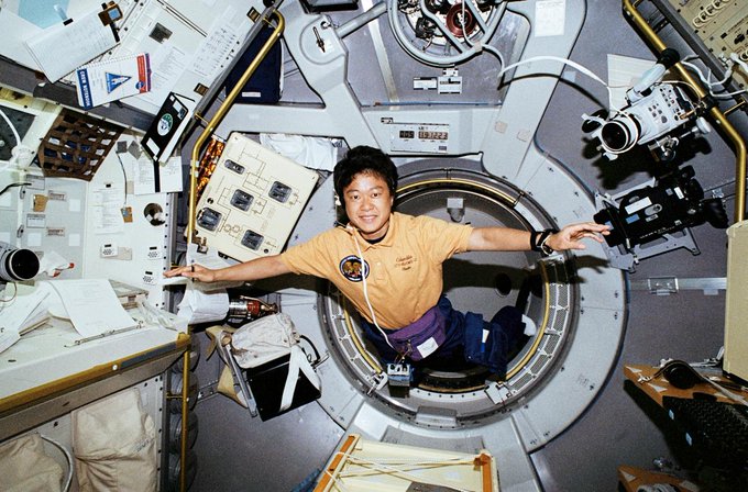 STS-65 Payload Specialist Chiaki Mukai enters the second International Microgravity Laboratory in the Space Shuttle Columbia's cargo bay.