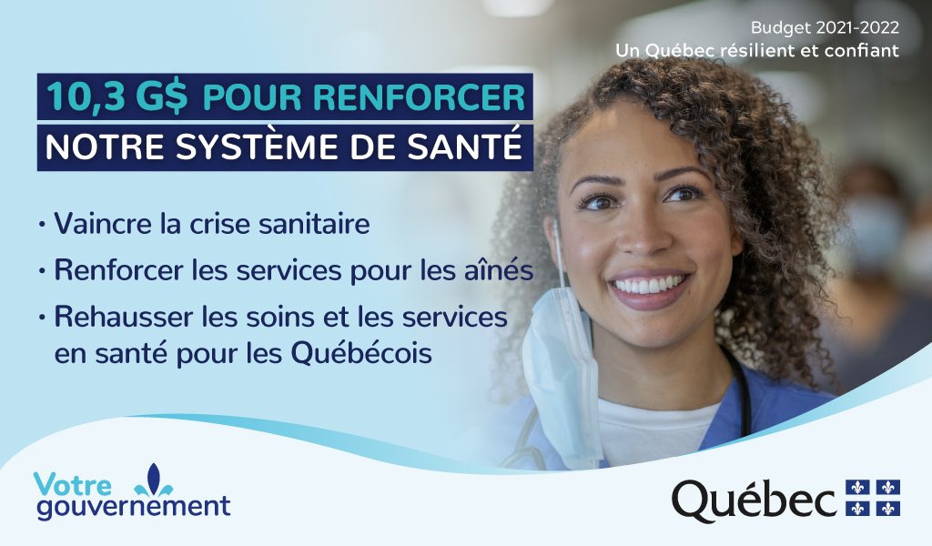 Ce budget est le budget du renforcement du système de santé.
Avec ce budget, nous continuons d’investir dans la santé. Les ressources additionnelles allouées à la santé atteindront 10,3G$.

#budgetQc2021