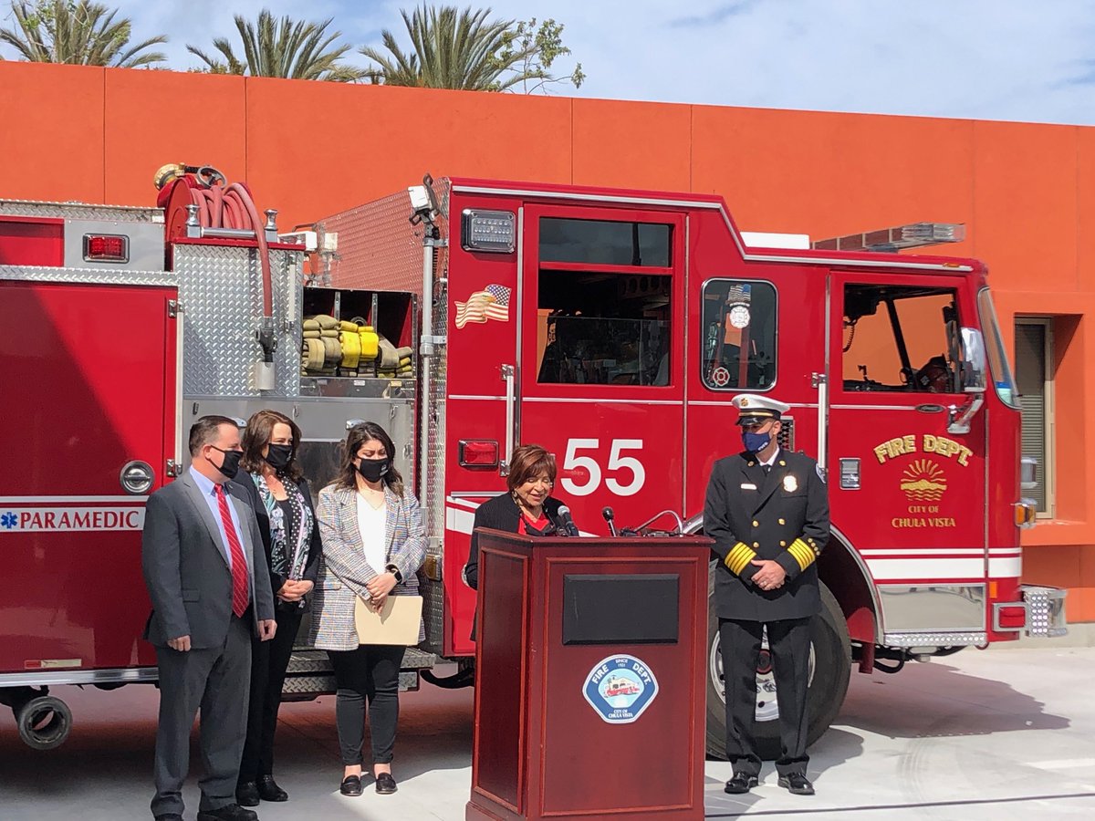 thinkchulavista's tweet photo. Today, #ChulaVista dedicated new Fire Station 5 at 341 Orange Ave, featuring 3 bays, 10 bunk rooms, state-of-the-art dispatch alert system & fast roll up doors. Funded by #CVMeasureP, the $9 million station completed early & under budget. @Chulavistafire1 https://t.co/pwVmqyVDPc