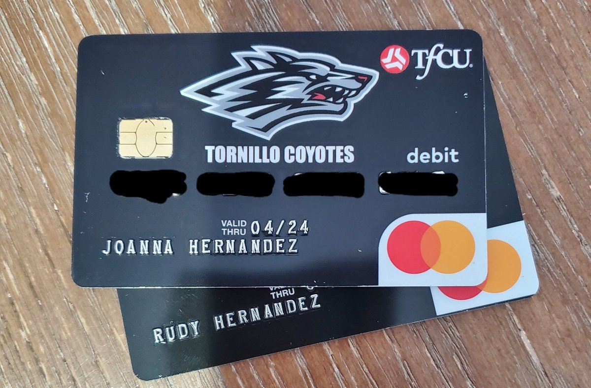 Excited to have received our debit cards! My hubby and I are proud @TornilloISD graduates. #TISDProud @tfcu_elpaso 🐾💪 #CoyoteStrong
