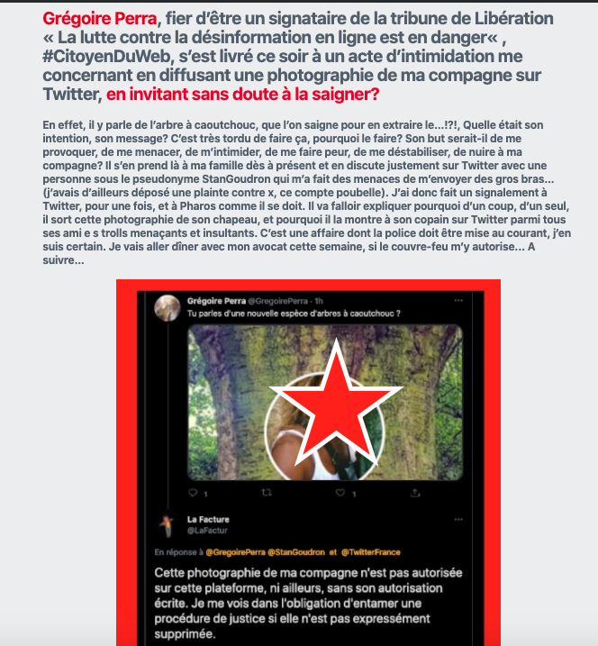 LaFactur's tweet photo. @GregoirePerra ⚖️Doxing &amp; intimidation 
SG menace de m'envoyer des gros bras avec 1 long casier GP lui montre &amp; publie ici une photographie de ma compagne Ils ont l'adresse La meute Ze trouve cela normal tout le monde rigole &amp; me signale Fier d'être #CitoyensDuWeb @libe  https://t.co/GunOZEk4pj https://t.co/la7e93B2w6