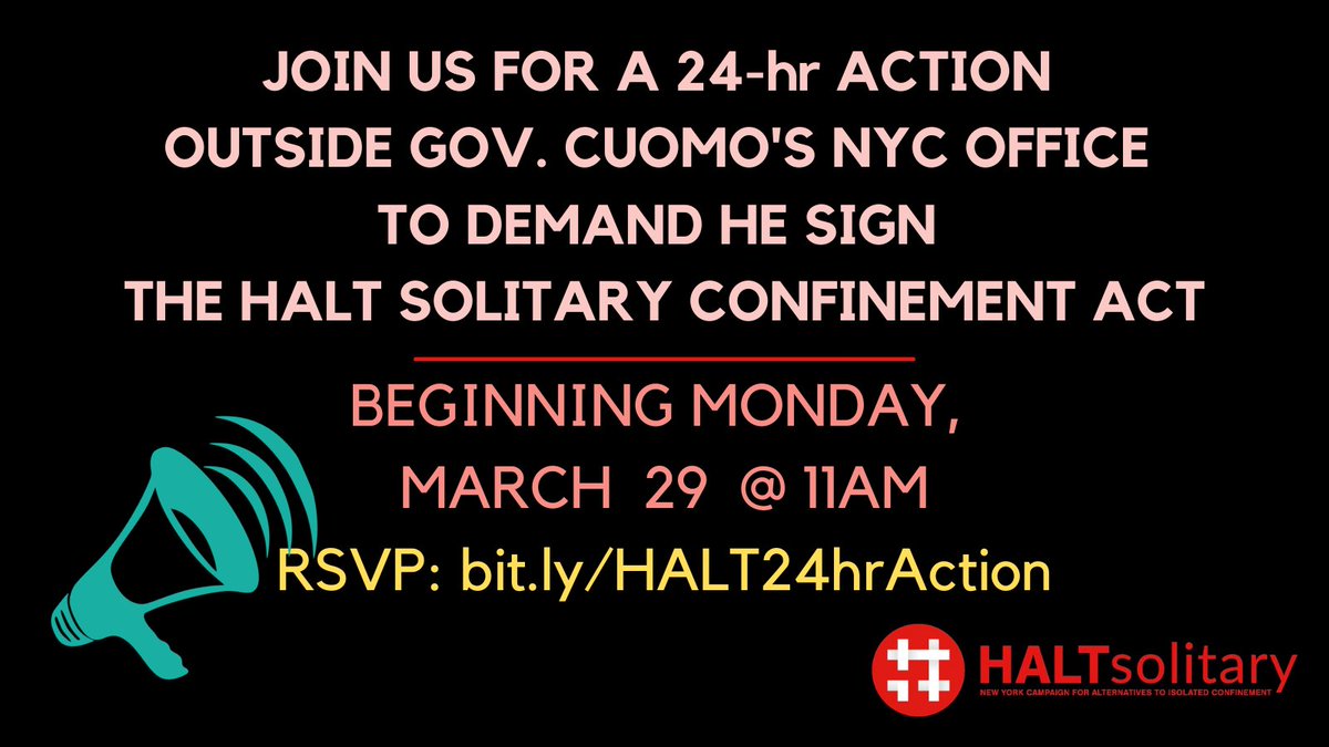 NYCAIC's tweet image. OVERNIGHT ACTION: Thousands of New Yorkers are locked in solitary confinement for weeks, months, years–even decades. It's torture. Join our 24hr action starting Monday @ 11am at Gov. Cuomo's office to demand he sign the #HALTsolitary bill into law. 

RSVP: bit.ly/HALT24hrAction