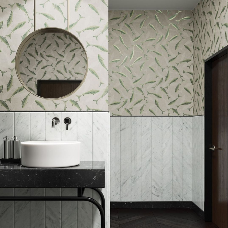 crownsurface's tweet photo. This stylish bathroom is designed with humor by adding the elegant Koi design from the Khrôma collection Helium. Koi is a top view of a typical pond with large fish calmly swimming about.  Visit our website today to see the rest of the Helium collection. https://t.co/C9WPCAzEEv