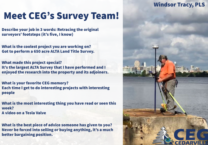 CEDARVILLE_eng's tweet photo. It's National Surveyors Week! 
Todays Surveyor highlight is Windsor Tracy, PLS. 

To see some of CEG's projects, visit https://t.co/61ZNsl4rhX

#NationalSurveyorsWeek #Survey #3DModeling #Engineerin https://t.co/M6sLlFLMBm