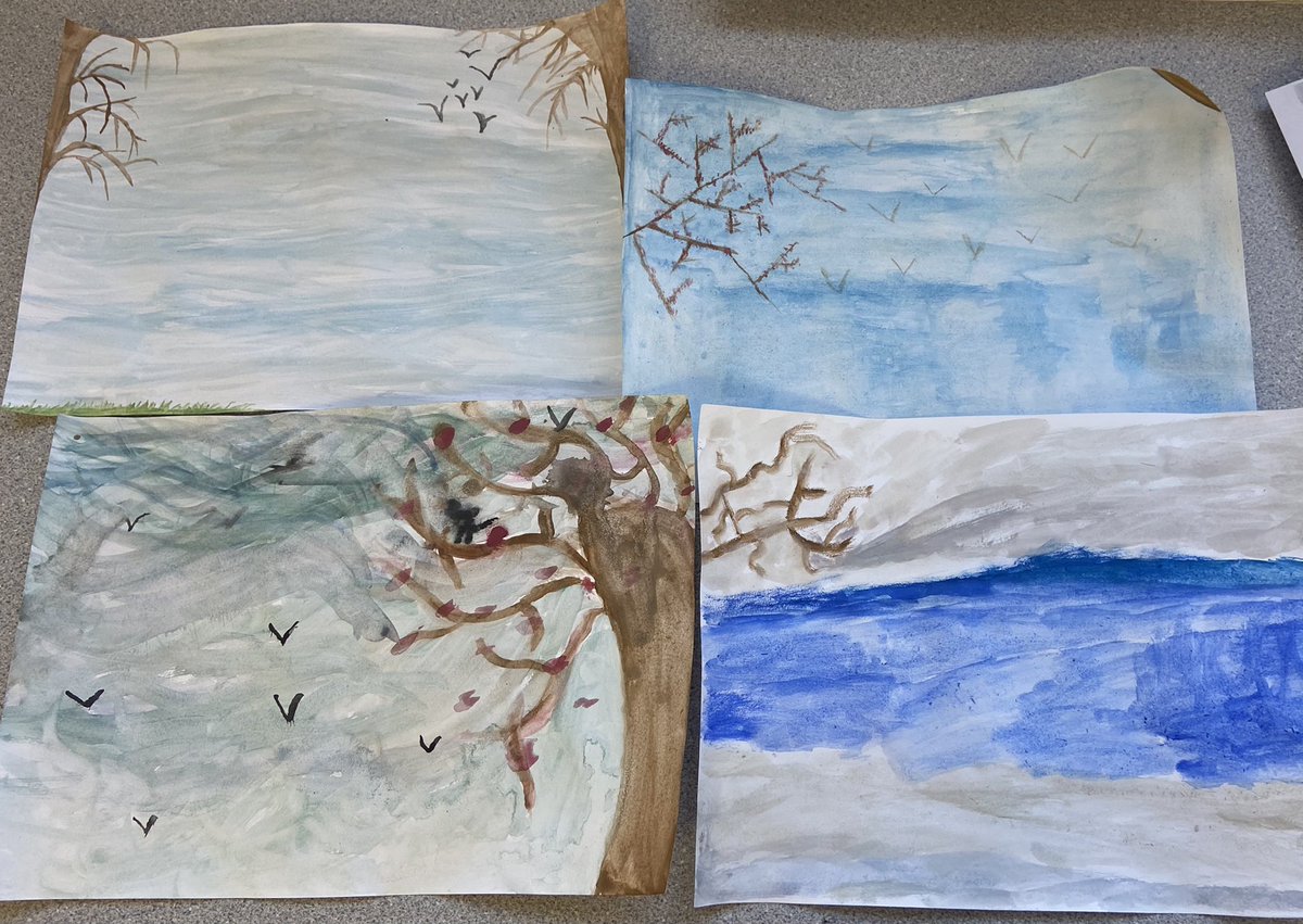 CallisMiss's tweet photo. @deputygrocott We lay on gym mats on the floor on the playground and simply looked up. Came back into class and painted what we saw with watercolours 🎨 part of our work with the book ‘Here We Are’ ✨ loved it! https://t.co/yg06i82fkC