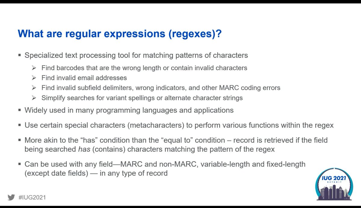rachel_catlady's tweet photo. #IUG2021 4 PM session off to a great start "(Still) Playing with Matches: Using Regular Expressions in Create Lists" uses MarcEdit #regexes "find+replace" example to explain the application of metacharacter regexes in @iii_Innovative CL queries with the matches condition 1/3 https://t.co/n6AOrBfM3w