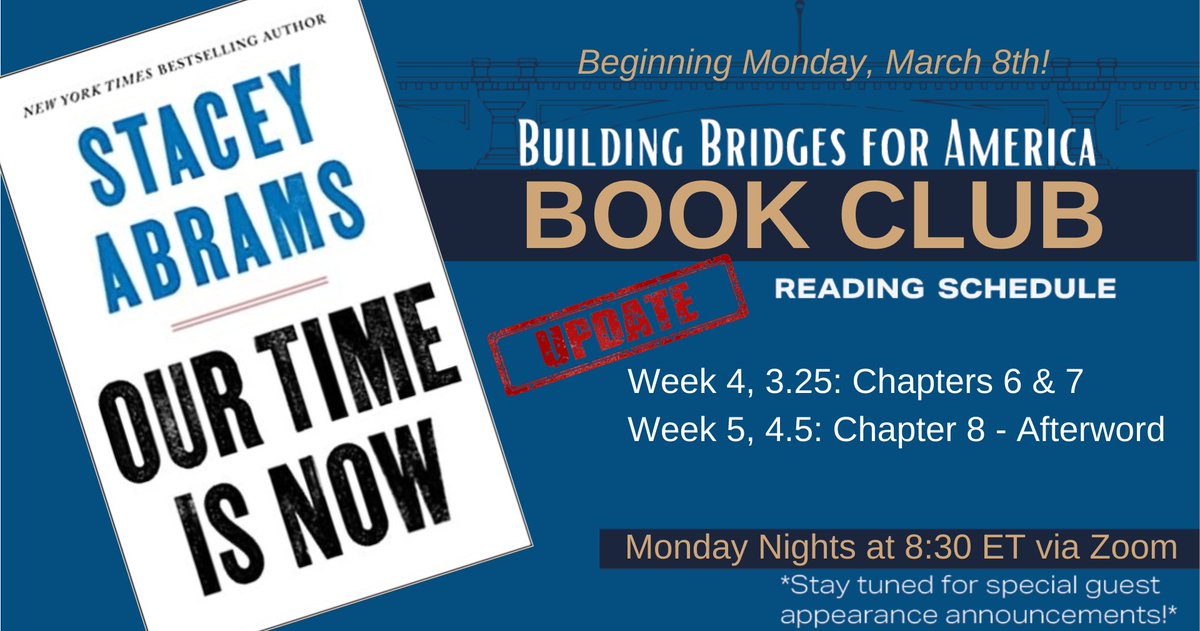 buildbridges4am's tweet photo. 🚨Be sure to sign up for our last two weeks of #BookClub discussing #OurTimeIsNow by @staceyabrams
⤵️
https://t.co/AQJSvCigHq
#BookClub #VotingRights #BookMeet #StaceyAbrams #Belonging #BB4AM https://t.co/4ltLiNcEUe